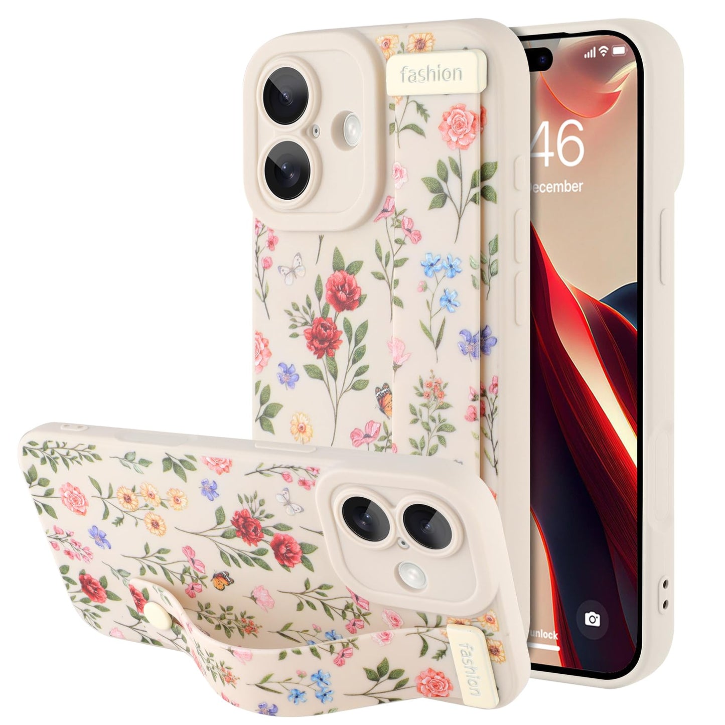 Compatible with iPhone 17 Pro Max Case with Wrist Strap, Cute Floral Flower Pattern, Soft TPU Phone Cover, Adjustable Wristband Kickstand Shockproof Protective Case for Girl Women, Pink