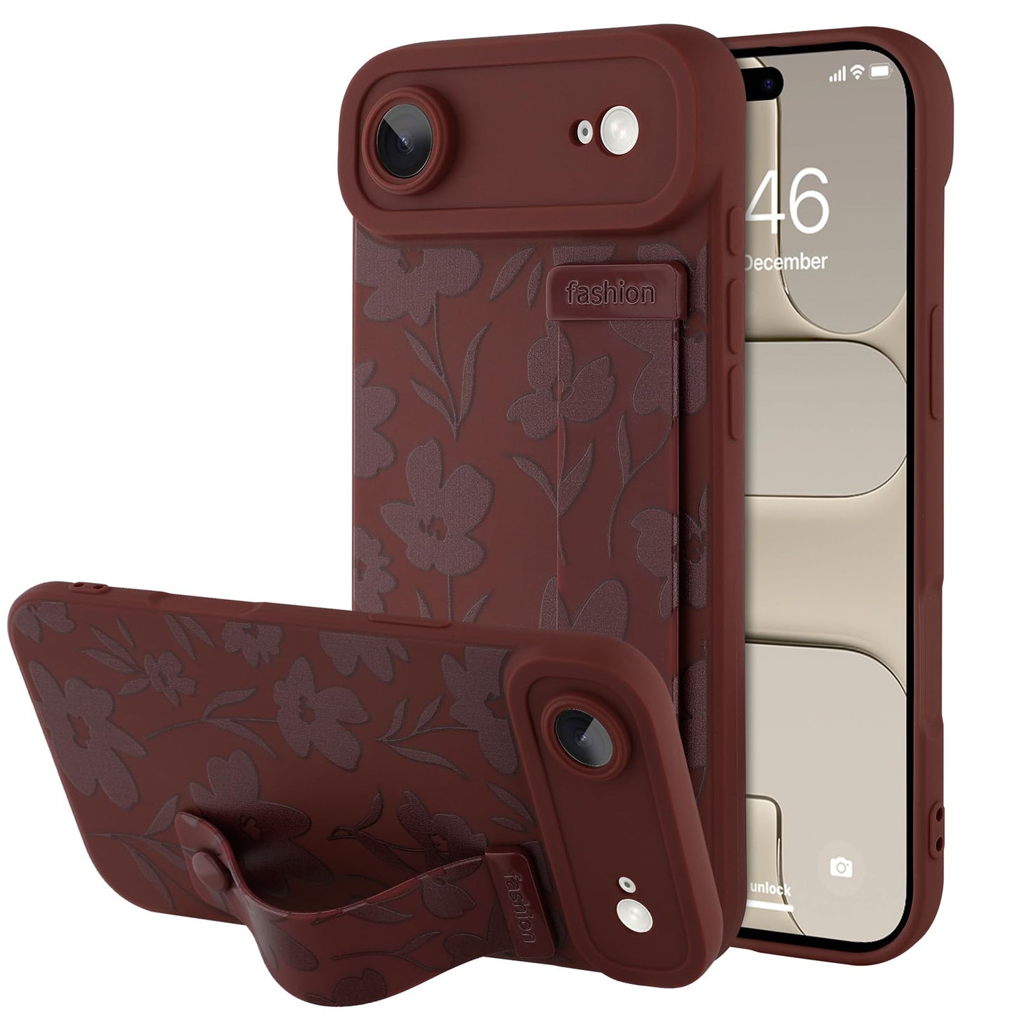 Compatible with iPhone 17 Pro Max Case with Wrist Strap, Cute Floral Flower Pattern, Soft TPU Phone Cover, Adjustable Wristband Kickstand Shockproof Protective Case for Girl Women, Pink