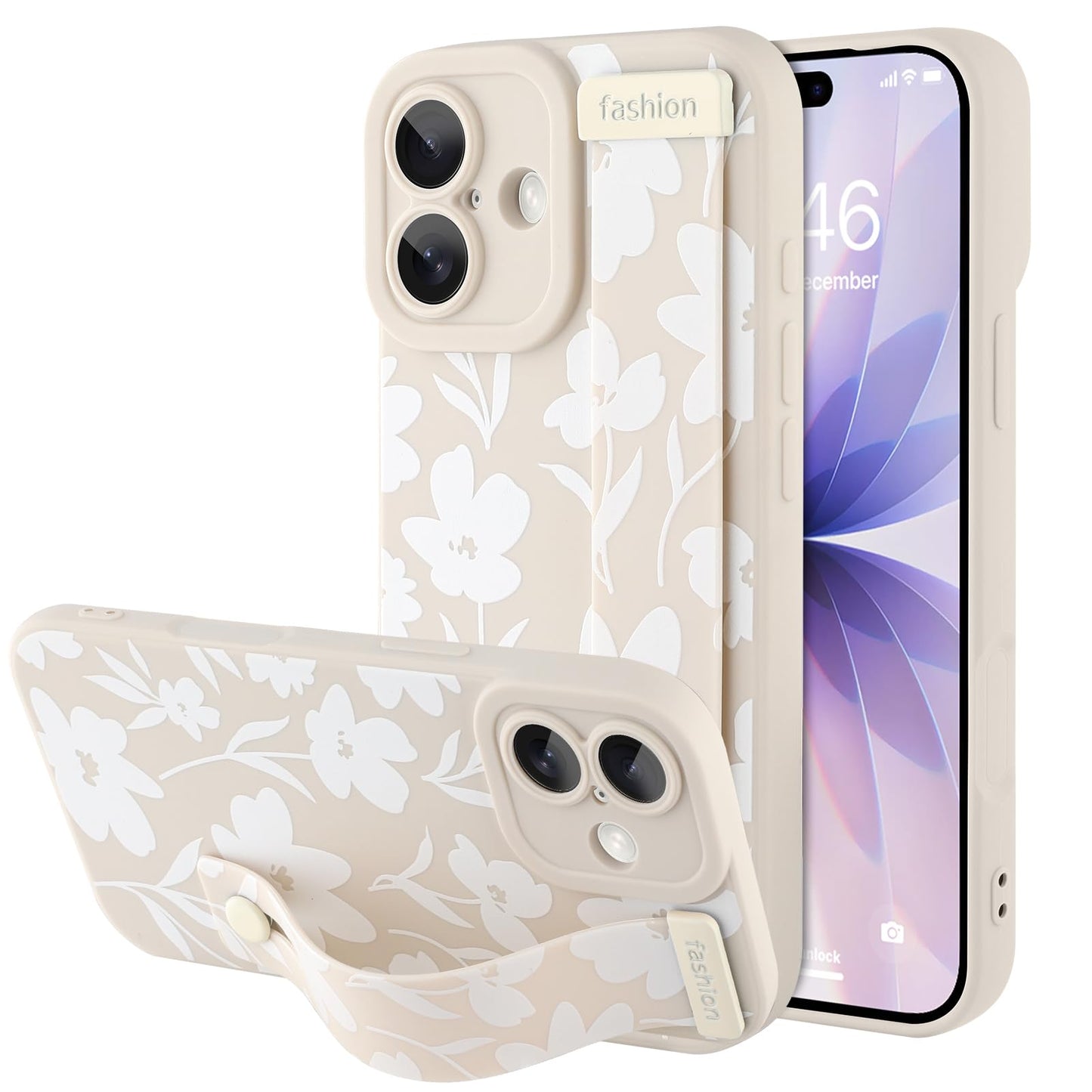 Compatible with iPhone 17 Pro Max Case with Wrist Strap, Cute Floral Flower Pattern, Soft TPU Phone Cover, Adjustable Wristband Kickstand Shockproof Protective Case for Girl Women, Pink