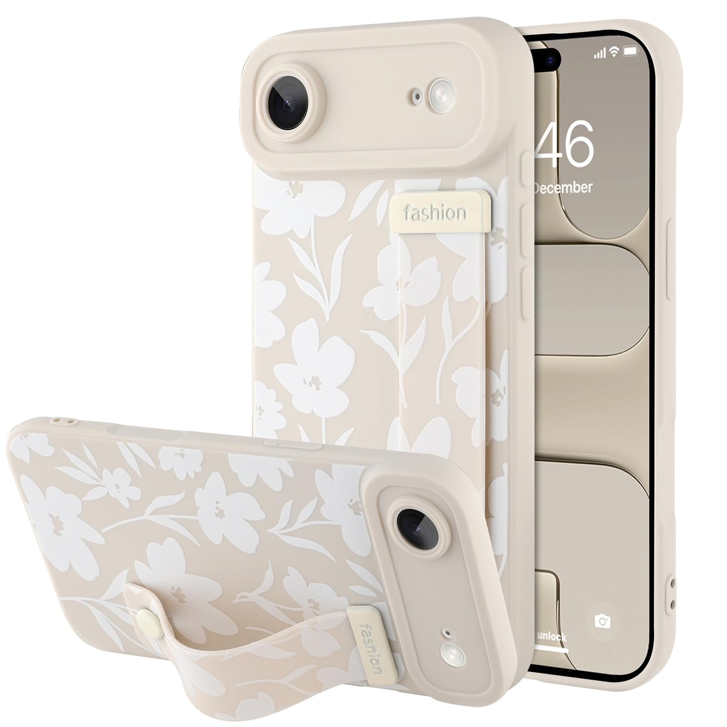 Compatible with iPhone 17 Pro Max Case with Wrist Strap, Cute Floral Flower Pattern, Soft TPU Phone Cover, Adjustable Wristband Kickstand Shockproof Protective Case for Girl Women, Pink