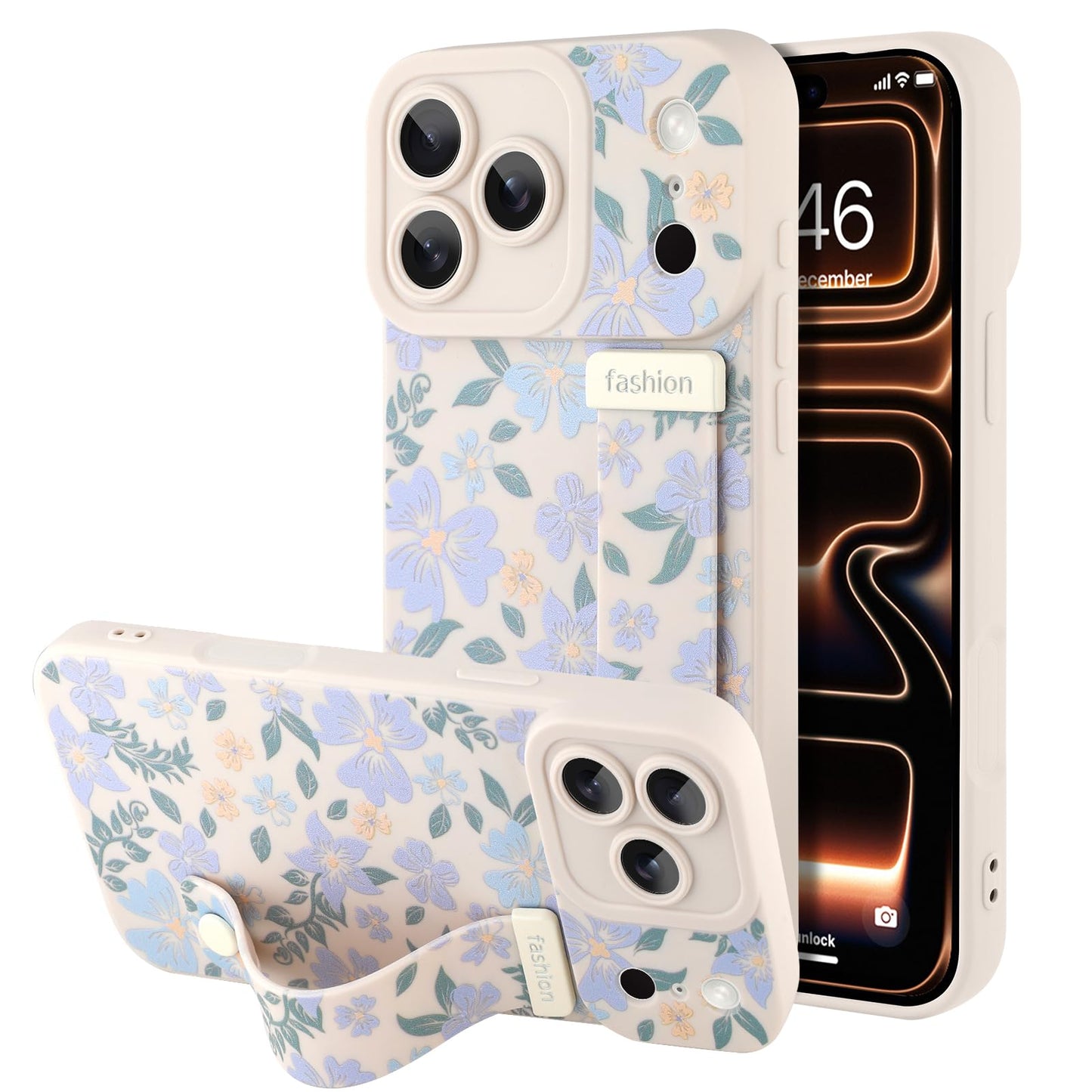 Compatible with iPhone 17 Pro Max Case with Wrist Strap, Cute Floral Flower Pattern, Soft TPU Phone Cover, Adjustable Wristband Kickstand Shockproof Protective Case for Girl Women, Pink