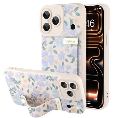 Compatible with iPhone 17 Pro Max Case with Wrist Strap, Cute Floral Flower Pattern, Soft TPU Phone Cover, Adjustable Wristband Kickstand Shockproof Protective Case for Girl Women, Pink
