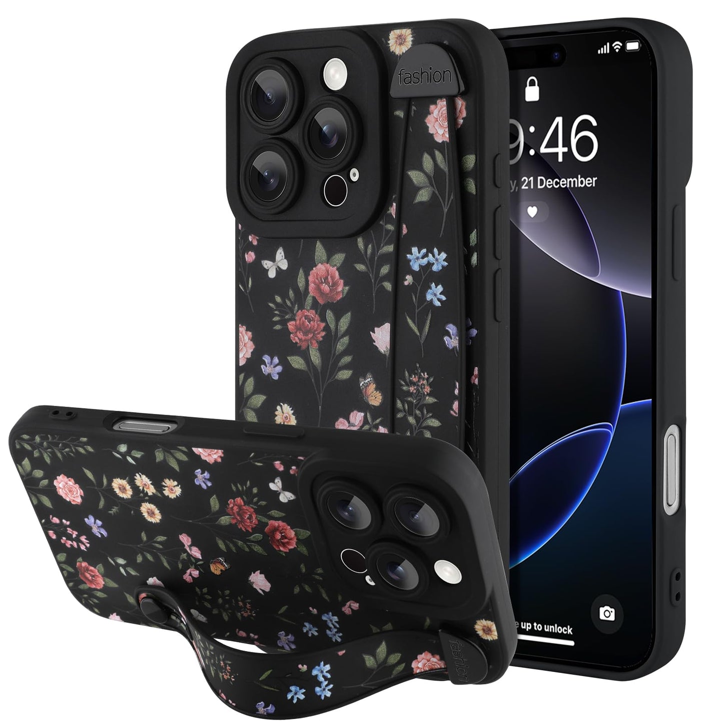 Compatible with iPhone 17 Pro Max Case with Wrist Strap, Cute Floral Flower Pattern, Soft TPU Phone Cover, Adjustable Wristband Kickstand Shockproof Protective Case for Girl Women, Pink
