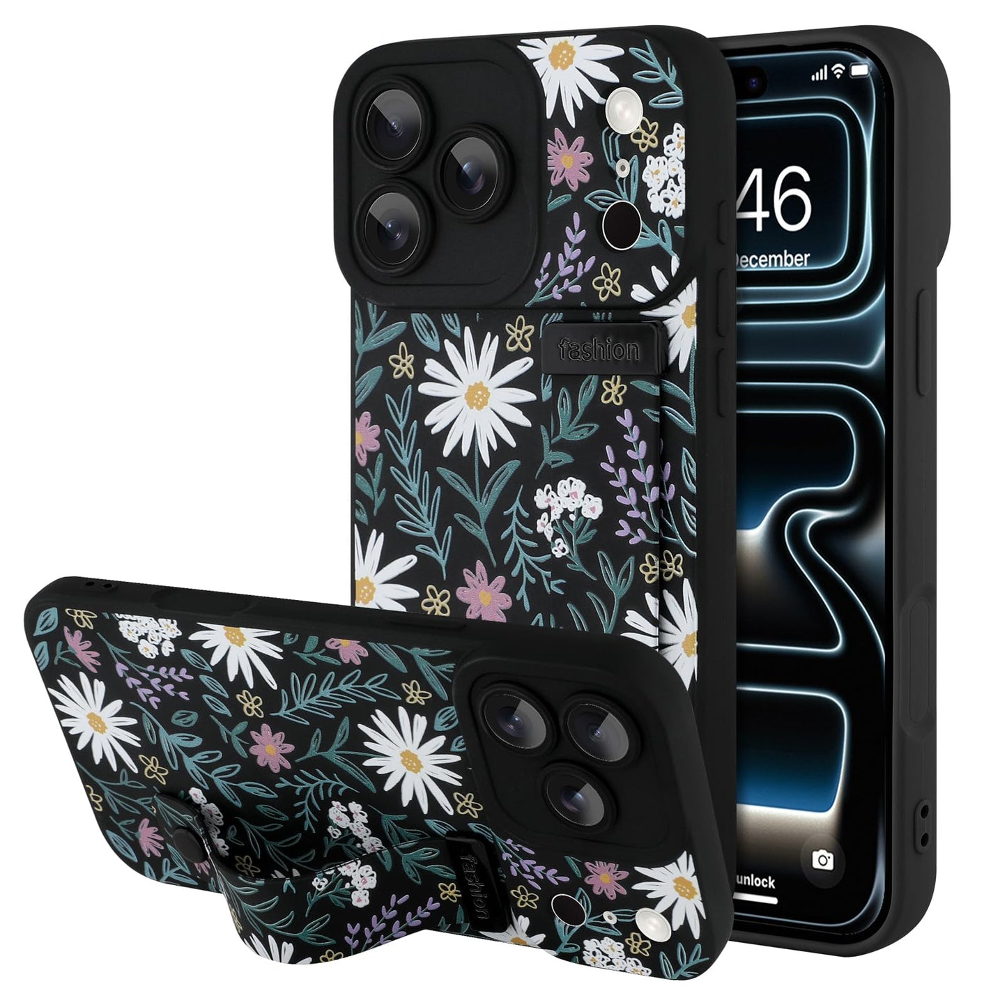 Compatible with iPhone 17 Pro Max Case with Wrist Strap, Cute Floral Flower Pattern, Soft TPU Phone Cover, Adjustable Wristband Kickstand Shockproof Protective Case for Girl Women, Pink