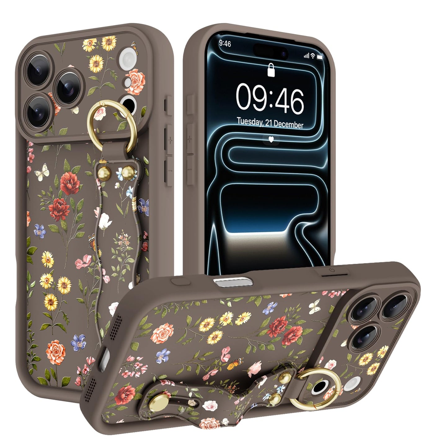 Compatible with iPhone 17 Pro Max Case with Wrist Strap, Cute Floral Flower Pattern, Soft TPU Phone Cover, Adjustable Wristband Kickstand Shockproof Protective Case for Girl Women, Pink