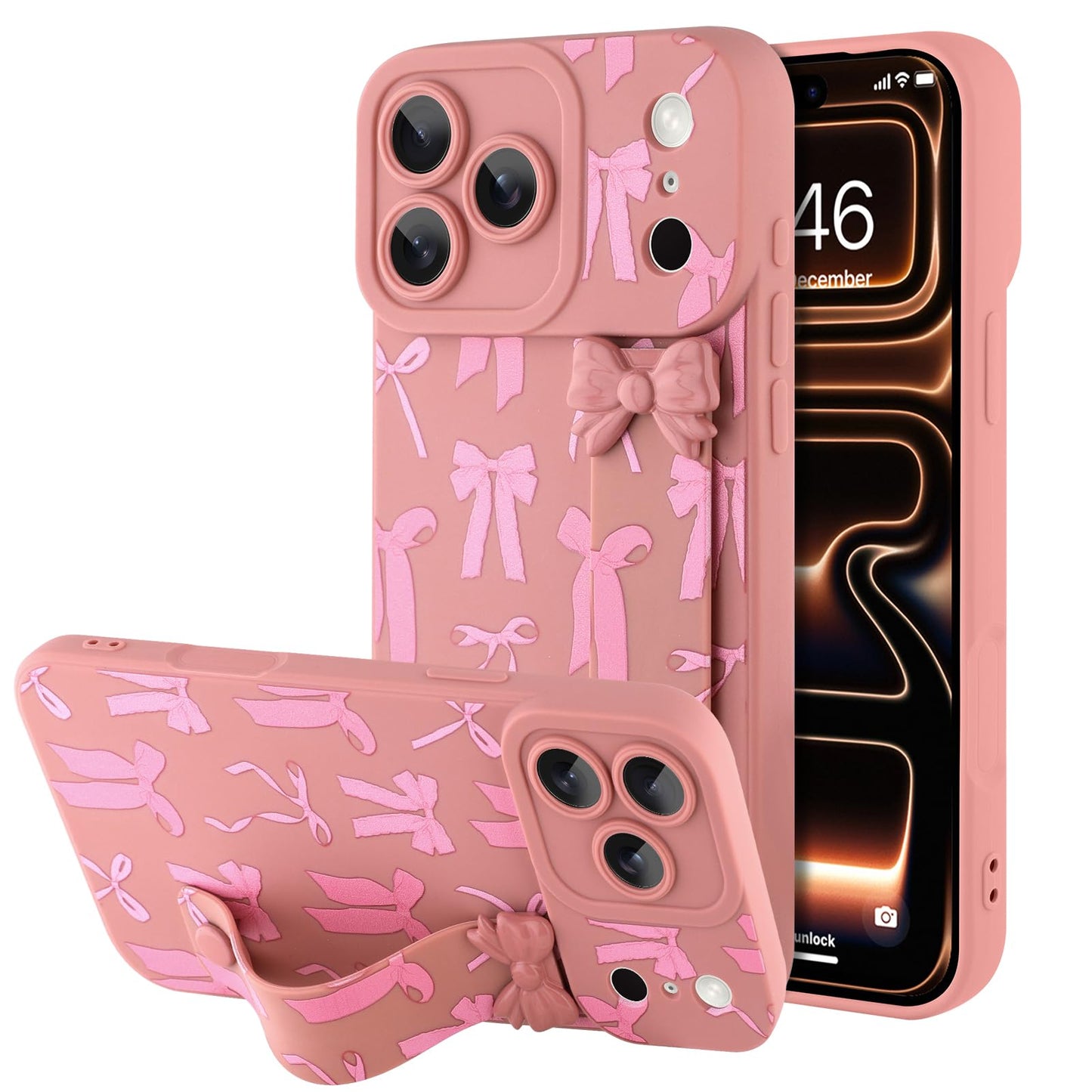 Compatible with iPhone 17 Pro Max Case with Wrist Strap, Cute Floral Flower Pattern, Soft TPU Phone Cover, Adjustable Wristband Kickstand Shockproof Protective Case for Girl Women, Pink