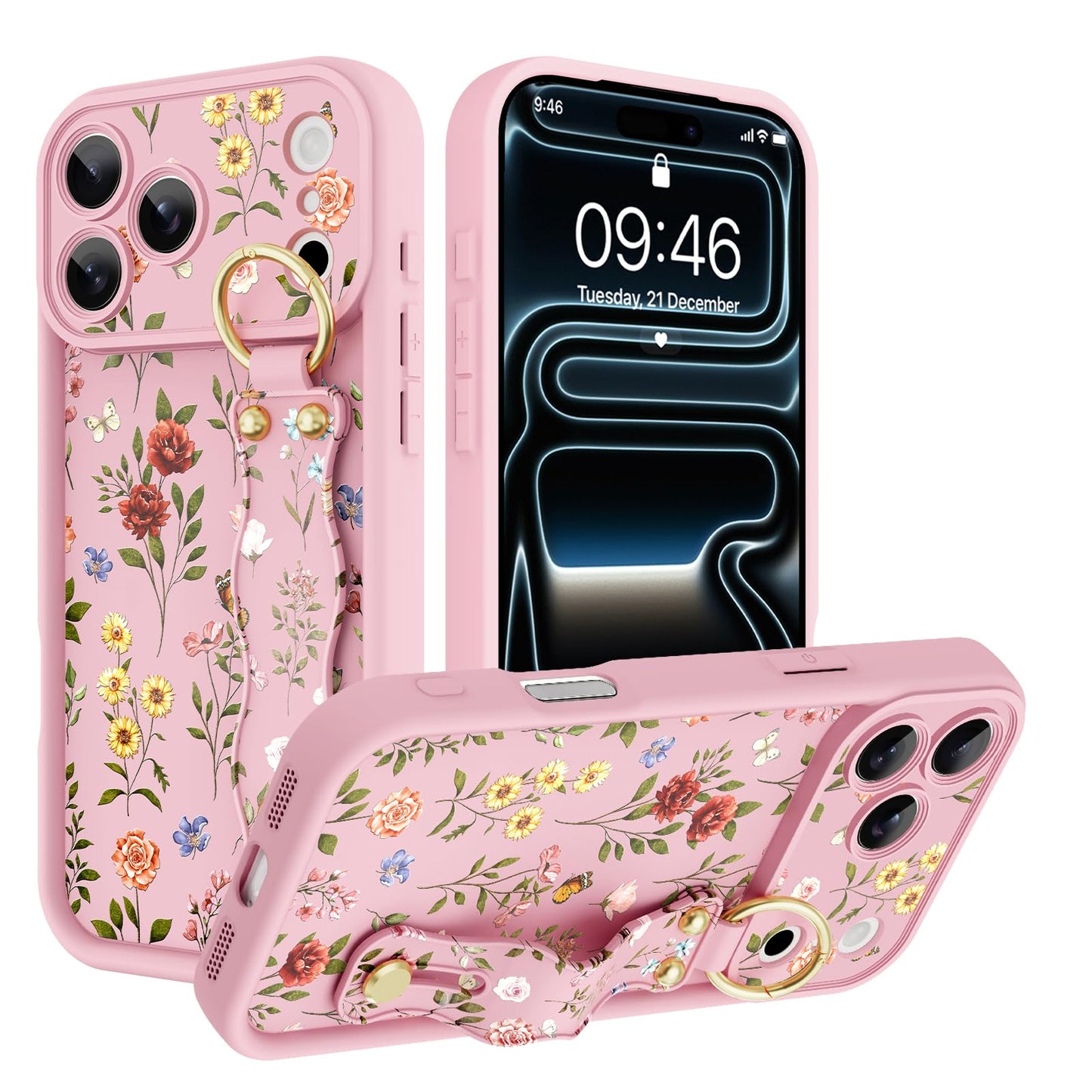 Compatible with iPhone 17 Pro Max Case with Wrist Strap, Cute Floral Flower Pattern, Soft TPU Phone Cover, Adjustable Wristband Kickstand Shockproof Protective Case for Girl Women, Pink