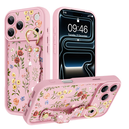 Compatible with iPhone 17 Pro Max Case with Wrist Strap, Cute Floral Flower Pattern, Soft TPU Phone Cover, Adjustable Wristband Kickstand Shockproof Protective Case for Girl Women, Pink