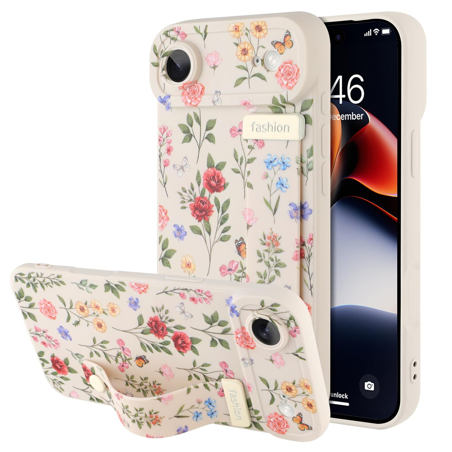 Compatible with iPhone 17 Pro Max Case with Wrist Strap, Cute Floral Flower Pattern, Soft TPU Phone Cover, Adjustable Wristband Kickstand Shockproof Protective Case for Girl Women, Pink