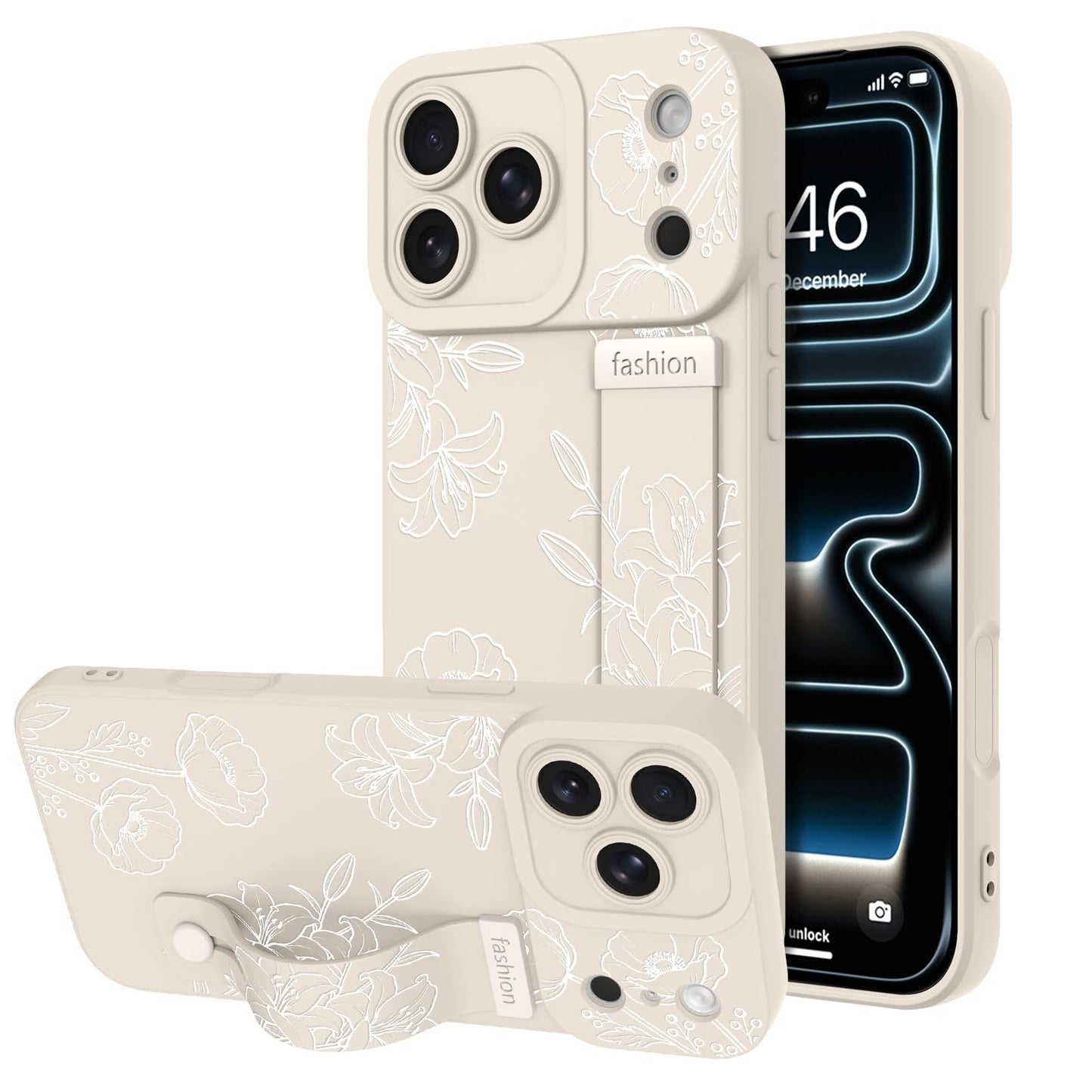 Compatible with iPhone 17 Pro Max Case with Wrist Strap, Cute Floral Flower Pattern, Soft TPU Phone Cover, Adjustable Wristband Kickstand Shockproof Protective Case for Girl Women, Pink