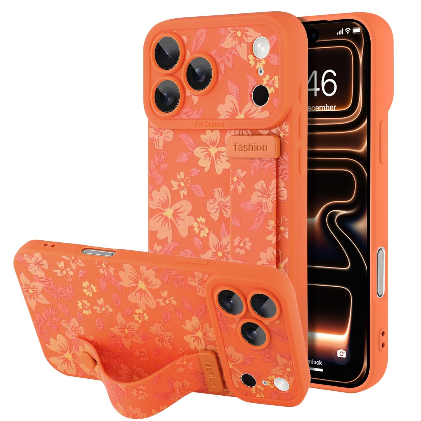 Compatible with iPhone 17 Pro Max Case with Wrist Strap, Cute Floral Flower Pattern, Soft TPU Phone Cover, Adjustable Wristband Kickstand Shockproof Protective Case for Girl Women, Pink
