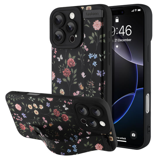Compatible with iPhone 17 Pro Max Case with Wrist Strap, Cute Floral Flower Pattern, Soft TPU Phone Cover, Adjustable Wristband Kickstand Shockproof Protective Case for Girl Women, Pink