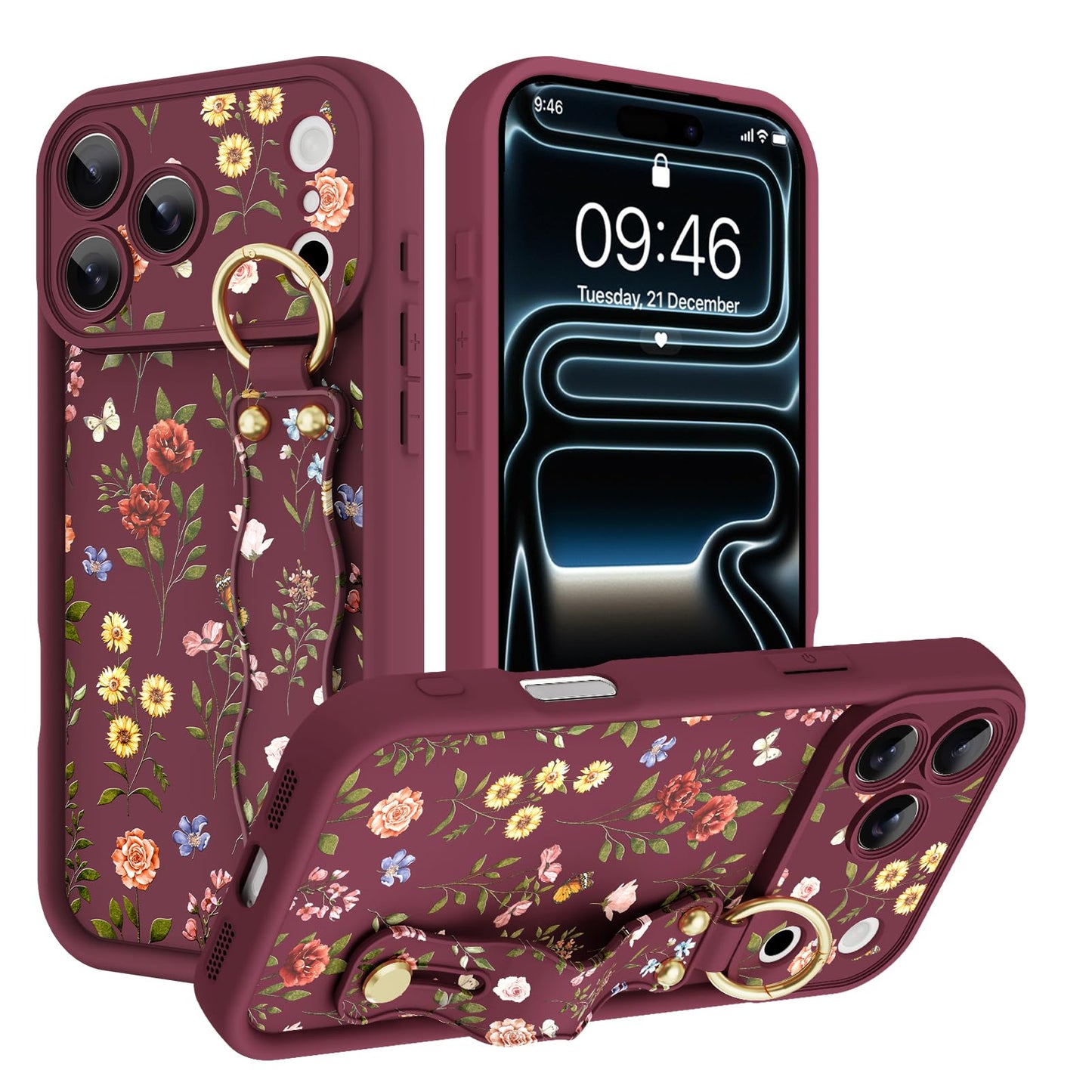 Compatible with iPhone 17 Pro Max Case with Wrist Strap, Cute Floral Flower Pattern, Soft TPU Phone Cover, Adjustable Wristband Kickstand Shockproof Protective Case for Girl Women, Pink