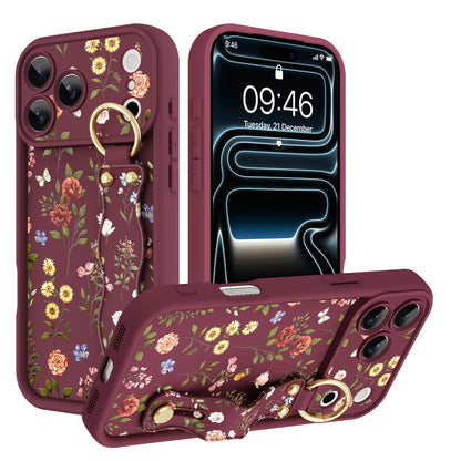 Compatible with iPhone 17 Pro Max Case with Wrist Strap, Cute Floral Flower Pattern, Soft TPU Phone Cover, Adjustable Wristband Kickstand Shockproof Protective Case for Girl Women, Pink