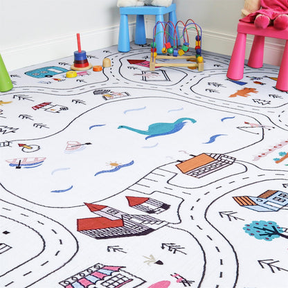Estmy 3x5 Vintage Woodland Area Rug, Cute Fun Nursery Rugs for Girls Boys Neutral, Thin Pile Faux Wool Soft Stain Resistant Hundred Acre Wood Map Rug, Cartoon Retro Kids Play Rug Infant Playmat