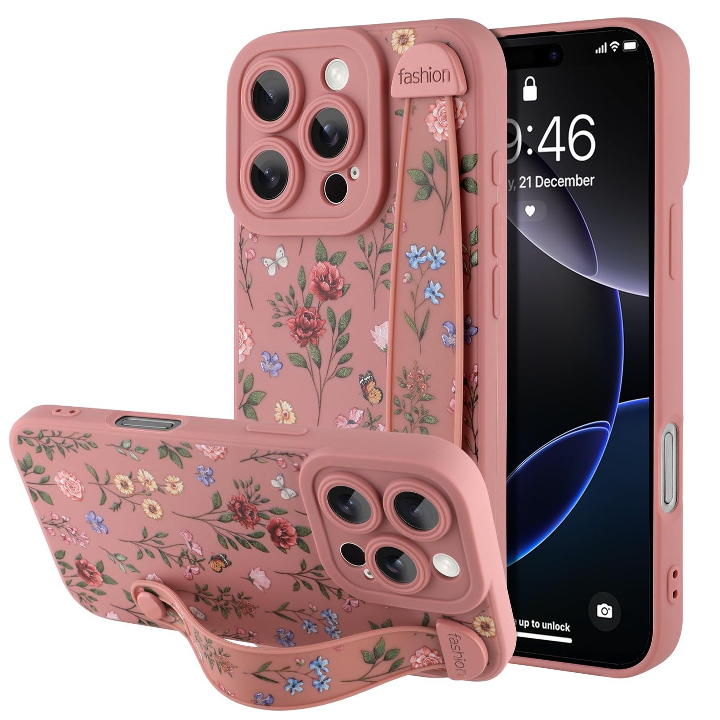 Compatible with iPhone 17 Pro Max Case with Wrist Strap, Cute Floral Flower Pattern, Soft TPU Phone Cover, Adjustable Wristband Kickstand Shockproof Protective Case for Girl Women, Pink