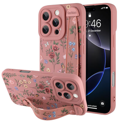 Compatible with iPhone 17 Pro Max Case with Wrist Strap, Cute Floral Flower Pattern, Soft TPU Phone Cover, Adjustable Wristband Kickstand Shockproof Protective Case for Girl Women, Pink