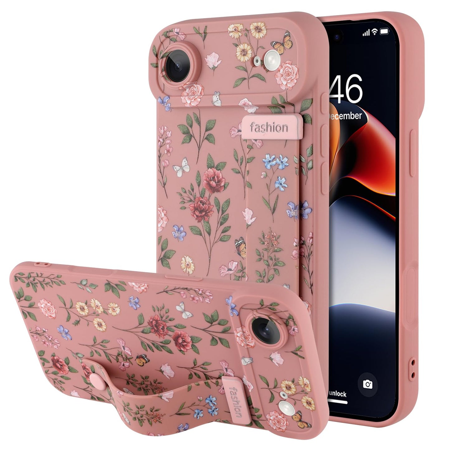 Compatible with iPhone 17 Pro Max Case with Wrist Strap, Cute Floral Flower Pattern, Soft TPU Phone Cover, Adjustable Wristband Kickstand Shockproof Protective Case for Girl Women, Pink