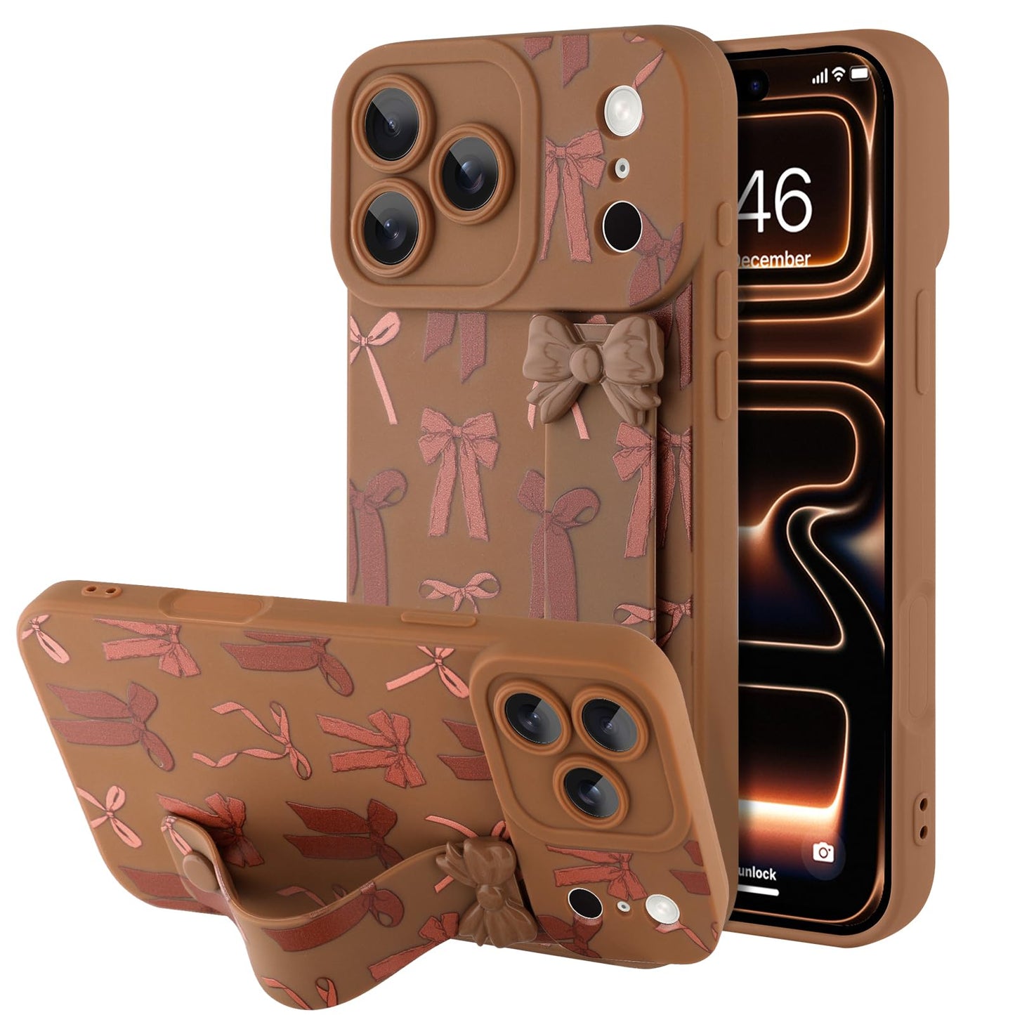 Compatible with iPhone 17 Pro Max Case with Wrist Strap, Cute Floral Flower Pattern, Soft TPU Phone Cover, Adjustable Wristband Kickstand Shockproof Protective Case for Girl Women, Pink