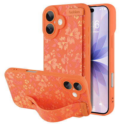 Compatible with iPhone 17 Pro Max Case with Wrist Strap, Cute Floral Flower Pattern, Soft TPU Phone Cover, Adjustable Wristband Kickstand Shockproof Protective Case for Girl Women, Pink