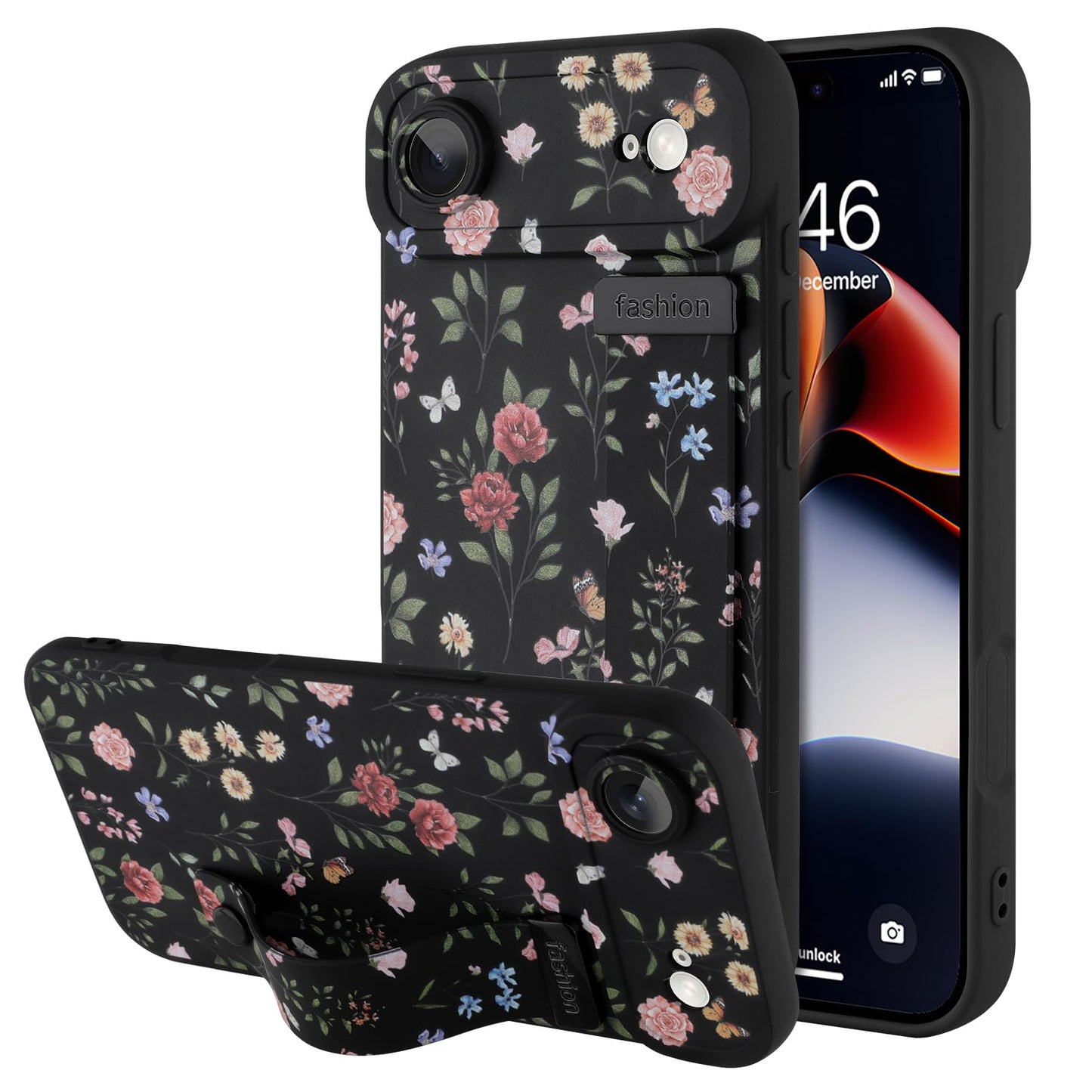 Compatible with iPhone 17 Pro Max Case with Wrist Strap, Cute Floral Flower Pattern, Soft TPU Phone Cover, Adjustable Wristband Kickstand Shockproof Protective Case for Girl Women, Pink