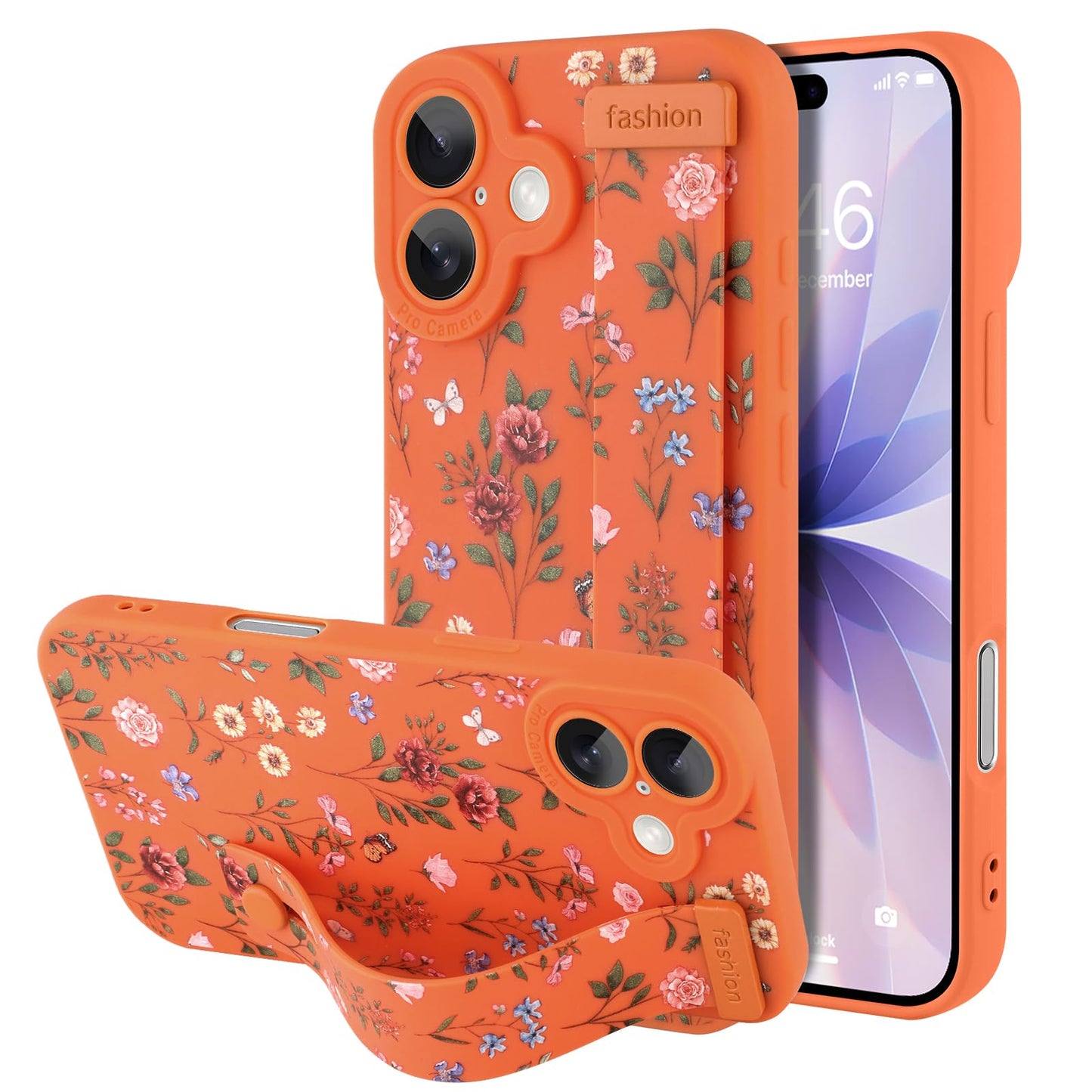 Compatible with iPhone 17 Pro Max Case with Wrist Strap, Cute Floral Flower Pattern, Soft TPU Phone Cover, Adjustable Wristband Kickstand Shockproof Protective Case for Girl Women, Pink