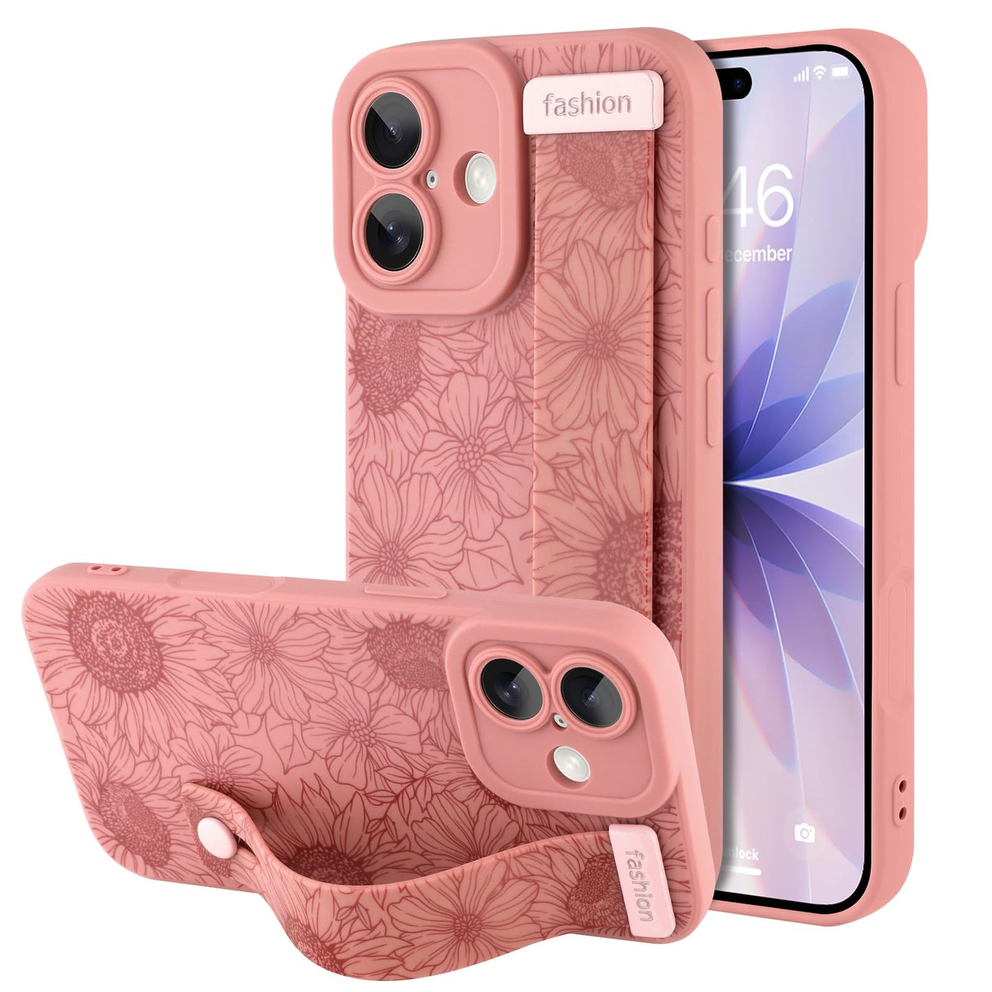 Compatible with iPhone 17 Pro Max Case with Wrist Strap, Cute Floral Flower Pattern, Soft TPU Phone Cover, Adjustable Wristband Kickstand Shockproof Protective Case for Girl Women, Pink