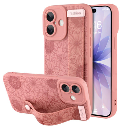Compatible with iPhone 17 Pro Max Case with Wrist Strap, Cute Floral Flower Pattern, Soft TPU Phone Cover, Adjustable Wristband Kickstand Shockproof Protective Case for Girl Women, Pink