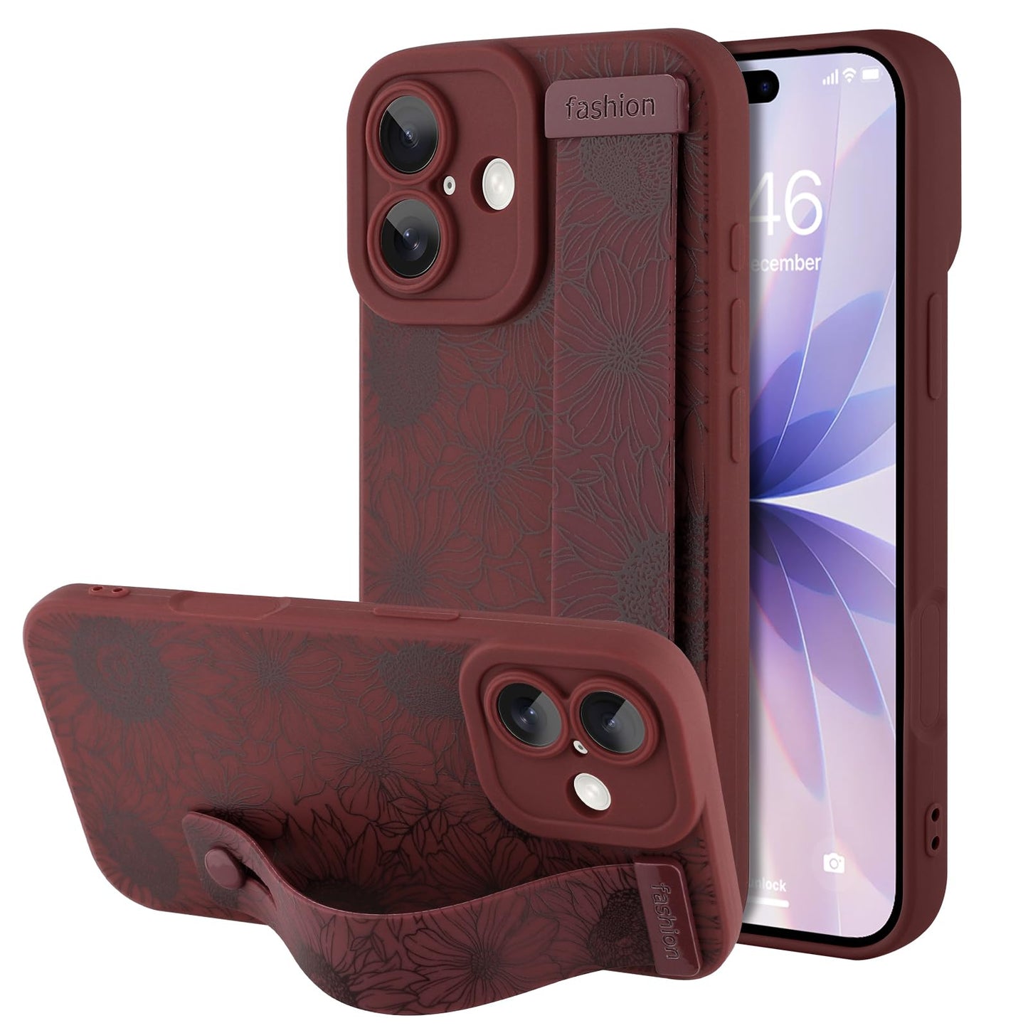Compatible with iPhone 17 Pro Max Case with Wrist Strap, Cute Floral Flower Pattern, Soft TPU Phone Cover, Adjustable Wristband Kickstand Shockproof Protective Case for Girl Women, Pink