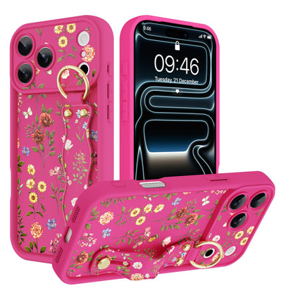 Compatible with iPhone 17 Pro Max Case with Wrist Strap, Cute Floral Flower Pattern, Soft TPU Phone Cover, Adjustable Wristband Kickstand Shockproof Protective Case for Girl Women, Pink