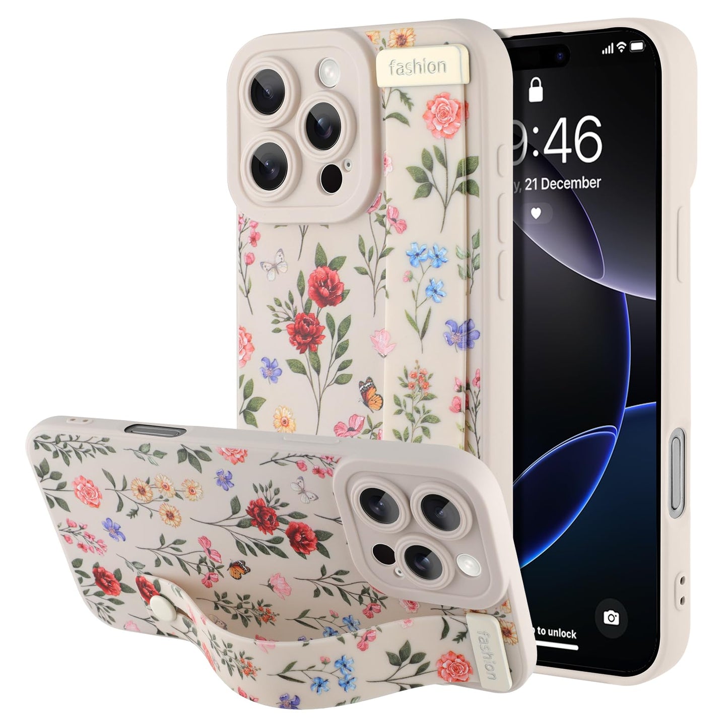 Compatible with iPhone 17 Pro Max Case with Wrist Strap, Cute Floral Flower Pattern, Soft TPU Phone Cover, Adjustable Wristband Kickstand Shockproof Protective Case for Girl Women, Pink