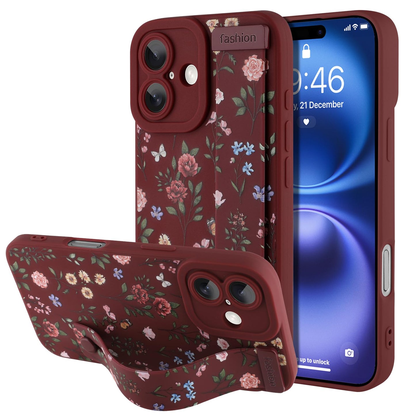Compatible with iPhone 17 Pro Max Case with Wrist Strap, Cute Floral Flower Pattern, Soft TPU Phone Cover, Adjustable Wristband Kickstand Shockproof Protective Case for Girl Women, Pink