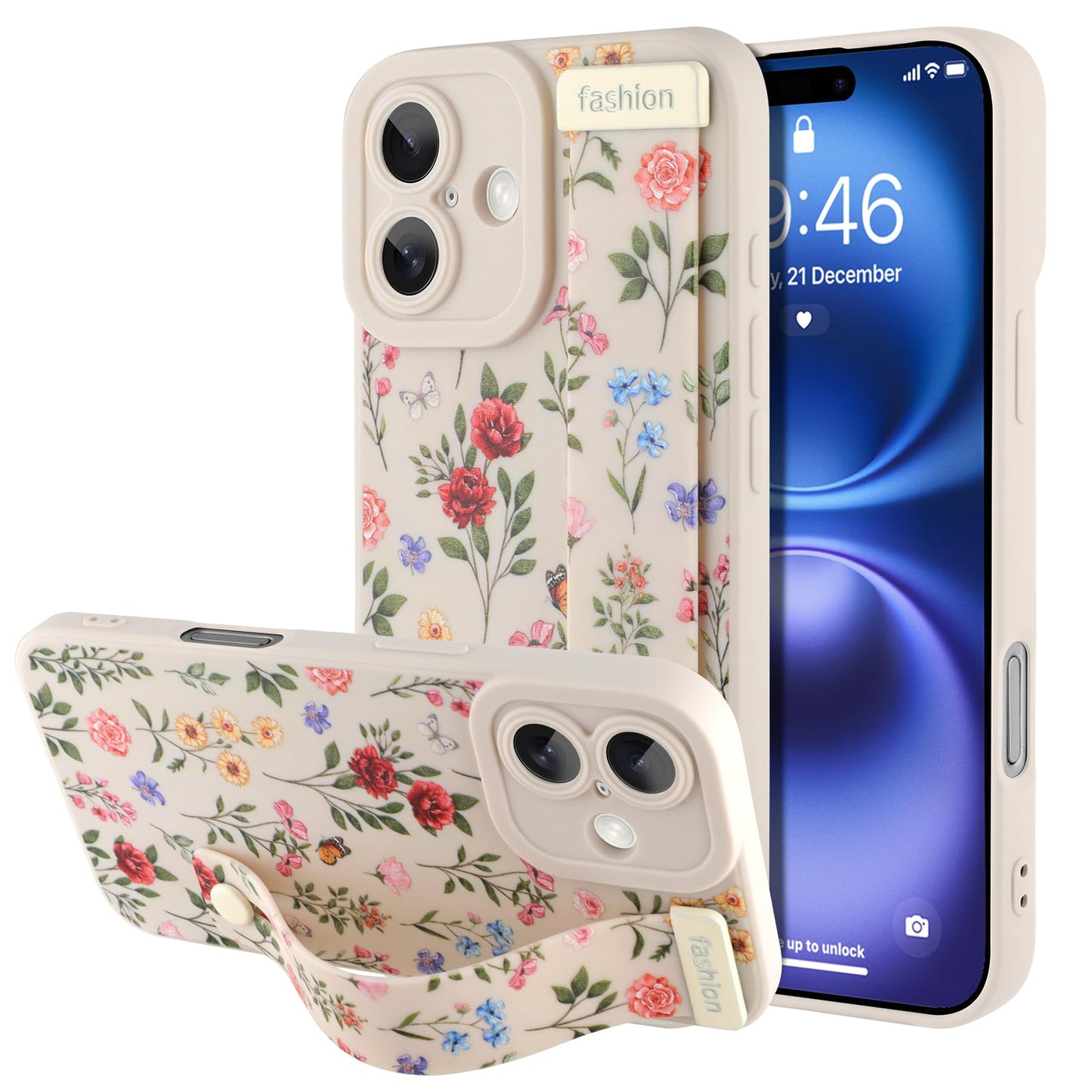 Compatible with iPhone 17 Pro Max Case with Wrist Strap, Cute Floral Flower Pattern, Soft TPU Phone Cover, Adjustable Wristband Kickstand Shockproof Protective Case for Girl Women, Pink