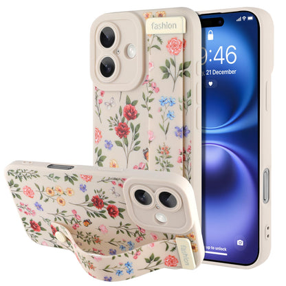Compatible with iPhone 17 Pro Max Case with Wrist Strap, Cute Floral Flower Pattern, Soft TPU Phone Cover, Adjustable Wristband Kickstand Shockproof Protective Case for Girl Women, Pink