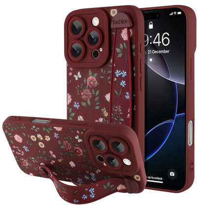 Compatible with iPhone 17 Pro Max Case with Wrist Strap, Cute Floral Flower Pattern, Soft TPU Phone Cover, Adjustable Wristband Kickstand Shockproof Protective Case for Girl Women, Pink