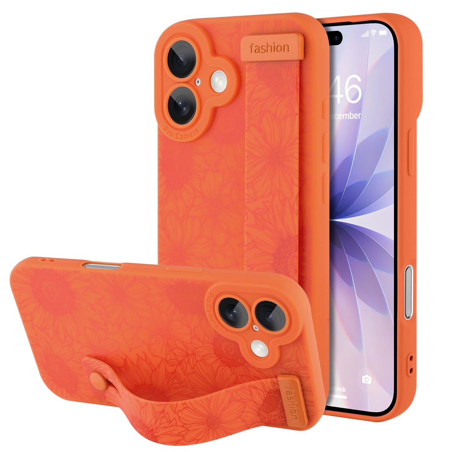 Compatible with iPhone 17 Pro Max Case with Wrist Strap, Cute Floral Flower Pattern, Soft TPU Phone Cover, Adjustable Wristband Kickstand Shockproof Protective Case for Girl Women, Pink