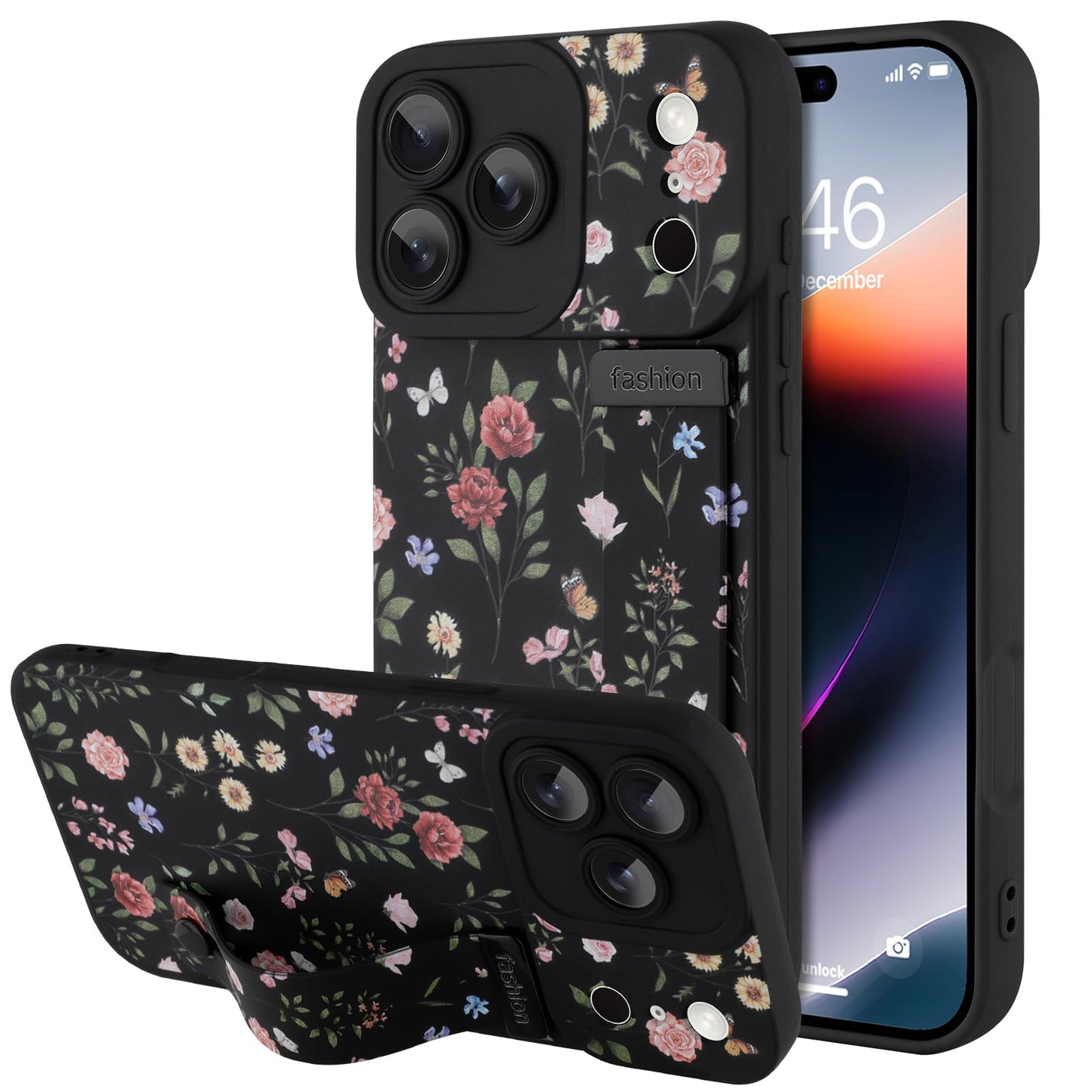 Compatible with iPhone 17 Pro Max Case with Wrist Strap, Cute Floral Flower Pattern, Soft TPU Phone Cover, Adjustable Wristband Kickstand Shockproof Protective Case for Girl Women, Pink