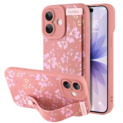 Compatible with iPhone 17 Pro Max Case with Wrist Strap, Cute Floral Flower Pattern, Soft TPU Phone Cover, Adjustable Wristband Kickstand Shockproof Protective Case for Girl Women, Pink