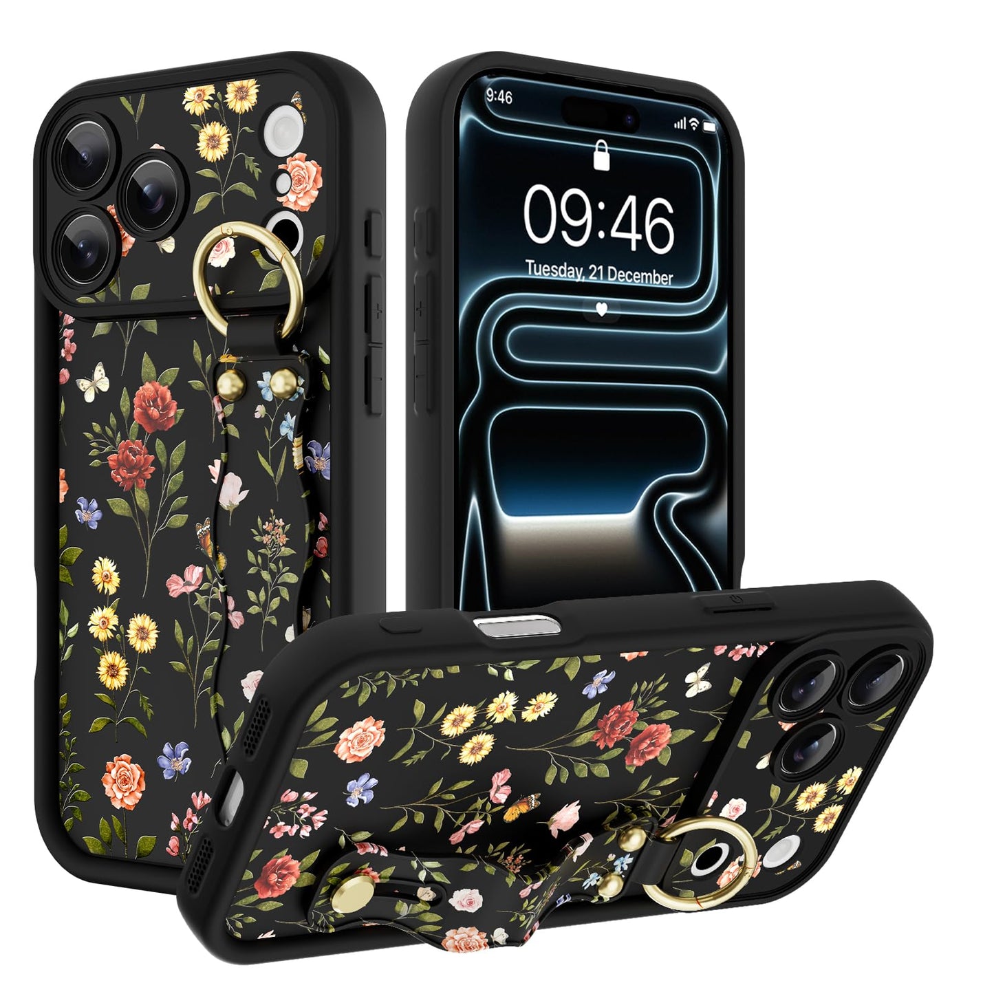 Compatible with iPhone 17 Pro Max Case with Wrist Strap, Cute Floral Flower Pattern, Soft TPU Phone Cover, Adjustable Wristband Kickstand Shockproof Protective Case for Girl Women, Pink
