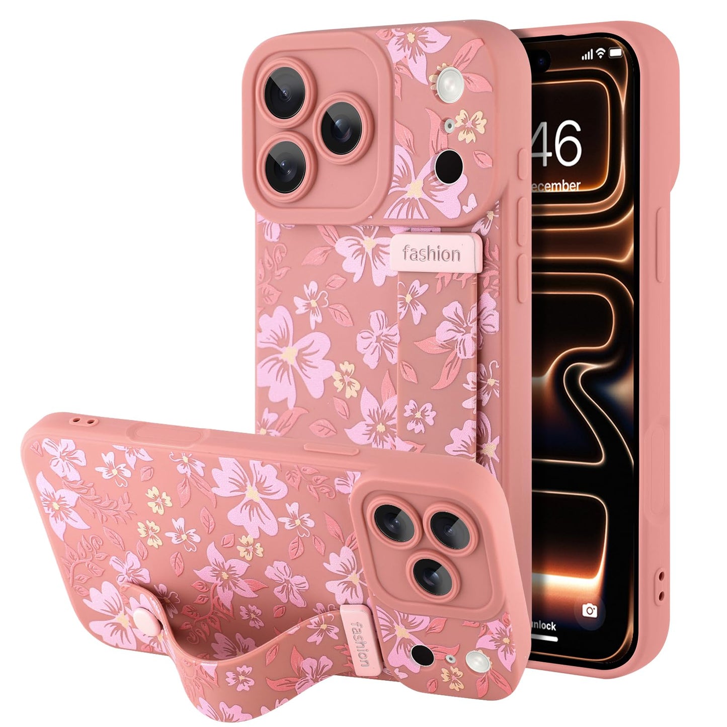 Compatible with iPhone 17 Pro Max Case with Wrist Strap, Cute Floral Flower Pattern, Soft TPU Phone Cover, Adjustable Wristband Kickstand Shockproof Protective Case for Girl Women, Pink