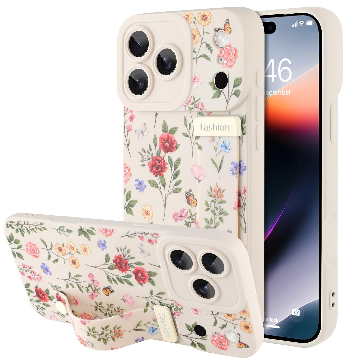 Compatible with iPhone 17 Pro Max Case with Wrist Strap, Cute Floral Flower Pattern, Soft TPU Phone Cover, Adjustable Wristband Kickstand Shockproof Protective Case for Girl Women, Pink