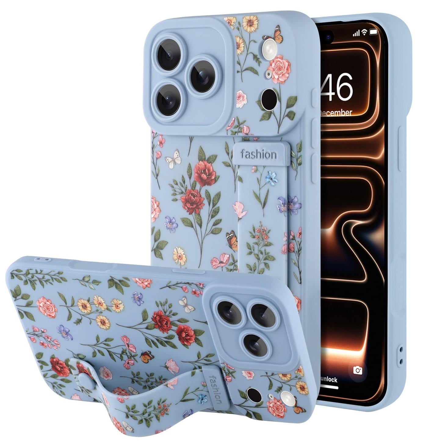 Compatible with iPhone 17 Pro Max Case with Wrist Strap, Cute Floral Flower Pattern, Soft TPU Phone Cover, Adjustable Wristband Kickstand Shockproof Protective Case for Girl Women, Pink