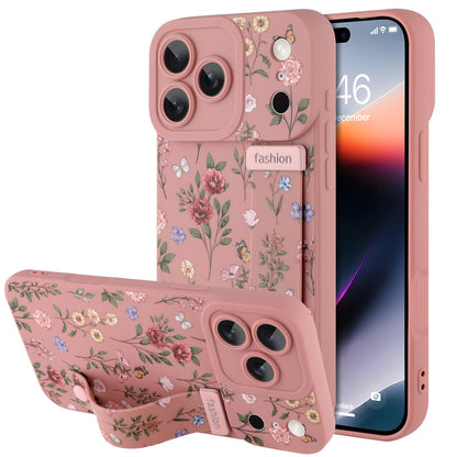 Compatible with iPhone 17 Pro Max Case with Wrist Strap, Cute Floral Flower Pattern, Soft TPU Phone Cover, Adjustable Wristband Kickstand Shockproof Protective Case for Girl Women, Pink
