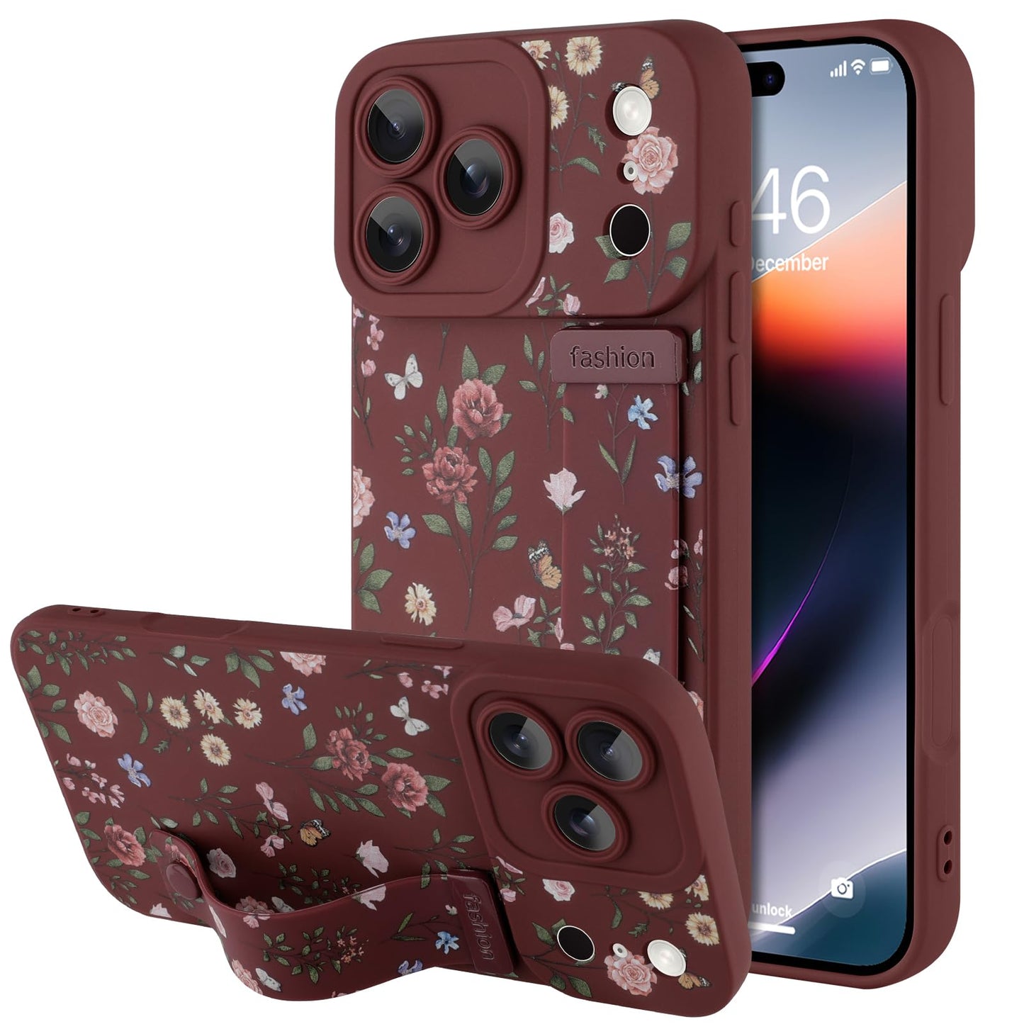 Compatible with iPhone 17 Pro Max Case with Wrist Strap, Cute Floral Flower Pattern, Soft TPU Phone Cover, Adjustable Wristband Kickstand Shockproof Protective Case for Girl Women, Pink