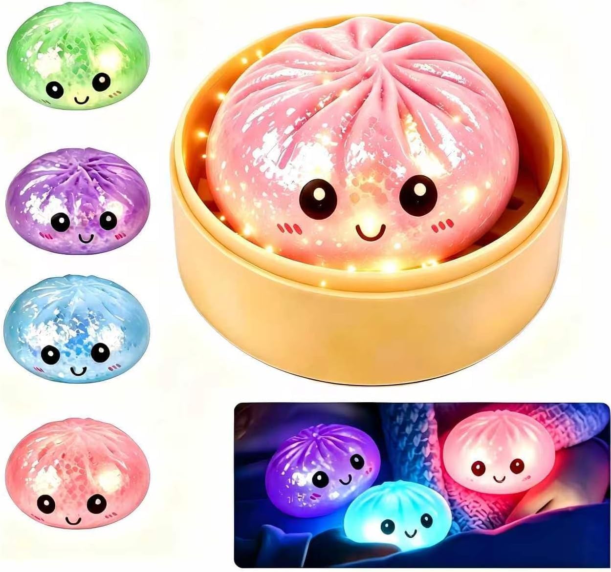Dumpling Glowing Mystery Box,Dumplings Squishy，Sensory Stress Ball Squeeze Toys for Stress Relief ，Soft Squeeze Decompression Dumplings Stress Balls，Steamer Stretchy Desk Toys (Purple)