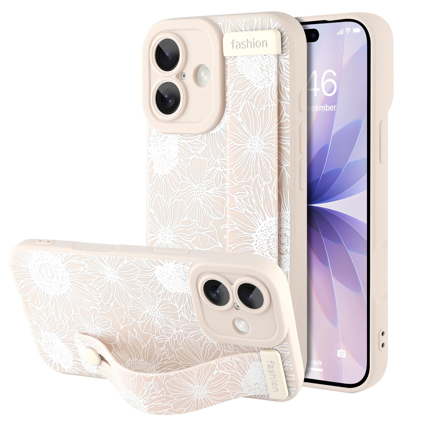 Compatible with iPhone 17 Pro Max Case with Wrist Strap, Cute Floral Flower Pattern, Soft TPU Phone Cover, Adjustable Wristband Kickstand Shockproof Protective Case for Girl Women, Pink