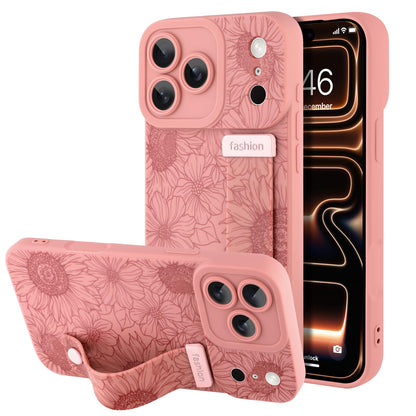 Compatible with iPhone 17 Pro Max Case with Wrist Strap, Cute Floral Flower Pattern, Soft TPU Phone Cover, Adjustable Wristband Kickstand Shockproof Protective Case for Girl Women, Pink