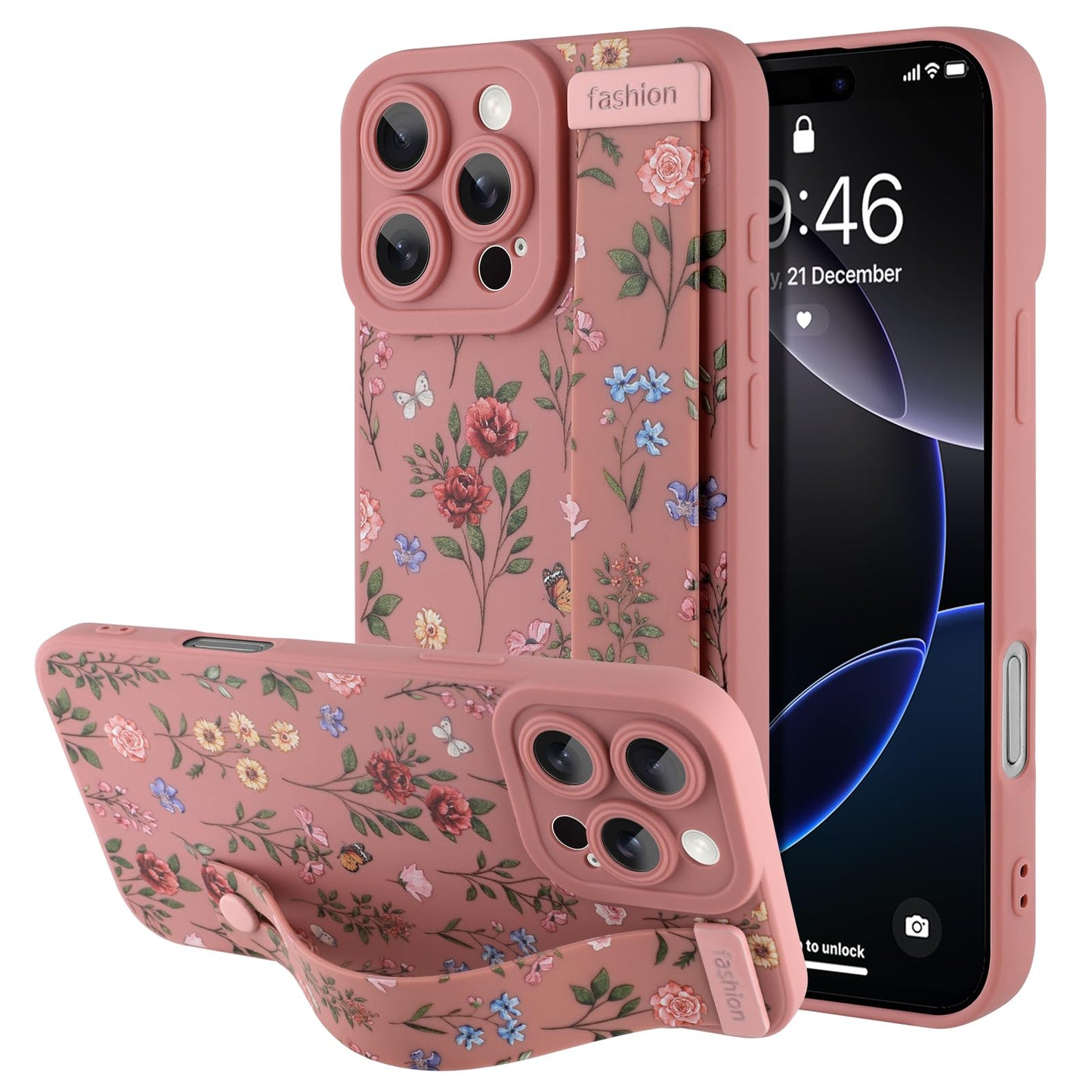 Compatible with iPhone 17 Pro Max Case with Wrist Strap, Cute Floral Flower Pattern, Soft TPU Phone Cover, Adjustable Wristband Kickstand Shockproof Protective Case for Girl Women, Pink