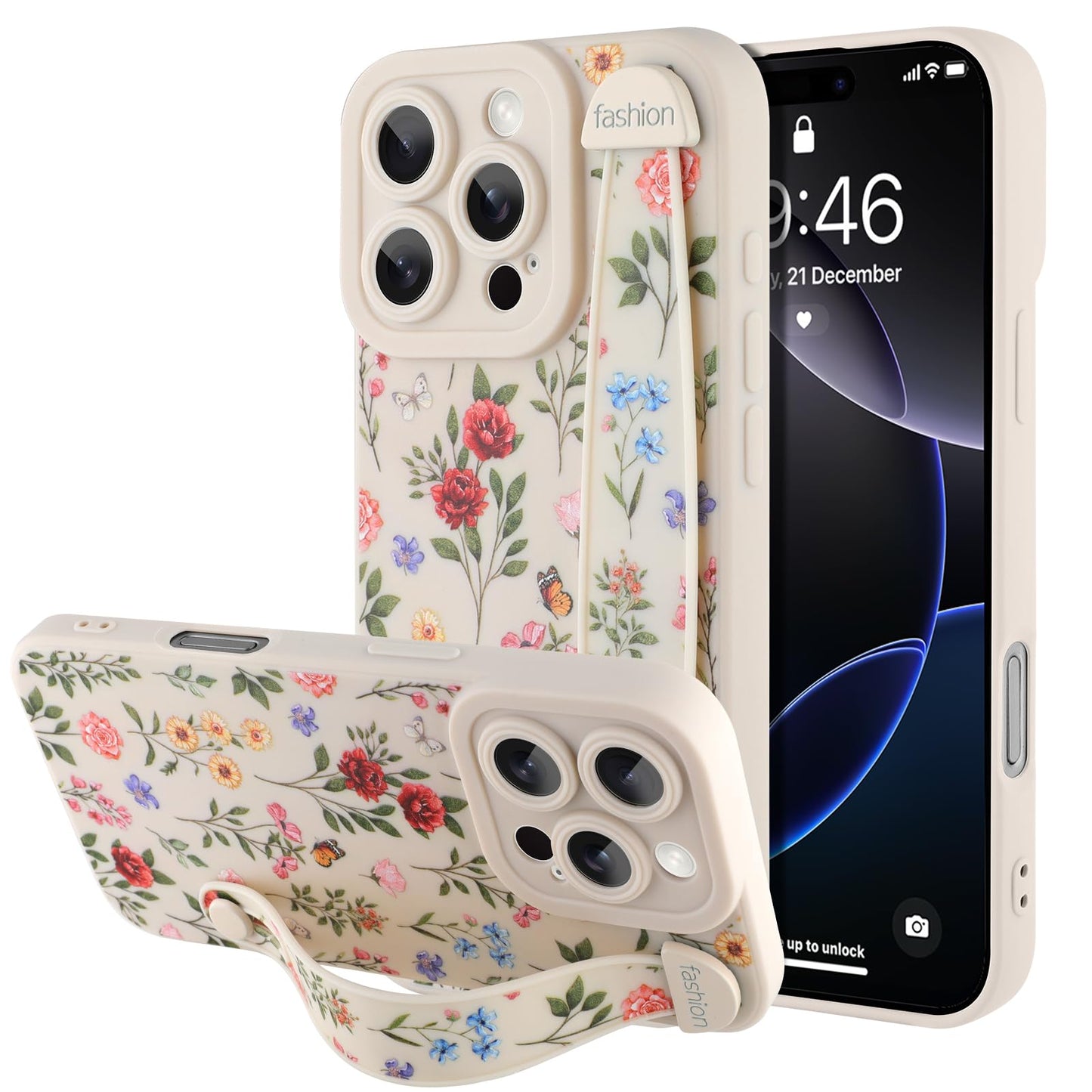 Compatible with iPhone 17 Pro Max Case with Wrist Strap, Cute Floral Flower Pattern, Soft TPU Phone Cover, Adjustable Wristband Kickstand Shockproof Protective Case for Girl Women, Pink