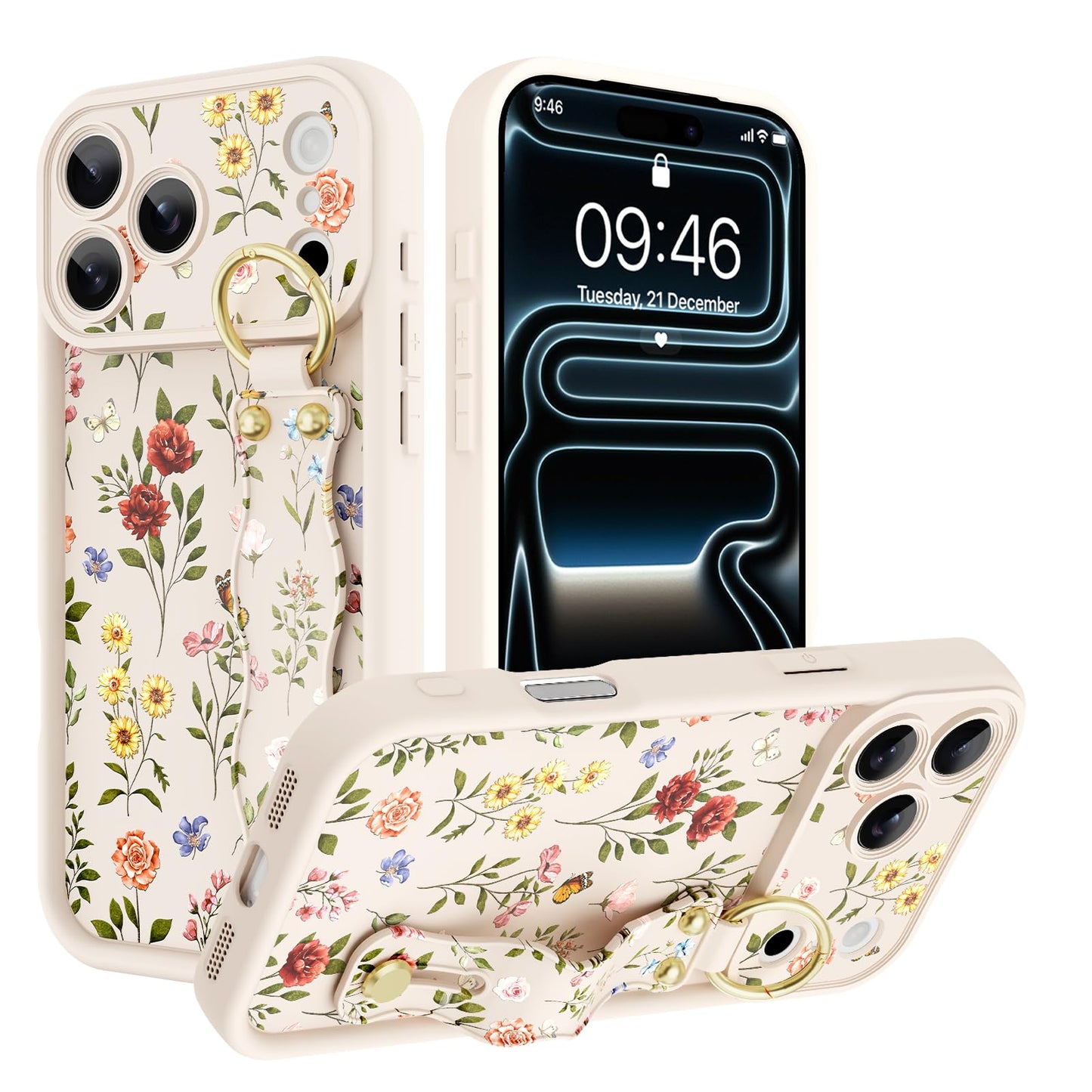 Compatible with iPhone 17 Pro Max Case with Wrist Strap, Cute Floral Flower Pattern, Soft TPU Phone Cover, Adjustable Wristband Kickstand Shockproof Protective Case for Girl Women, Pink